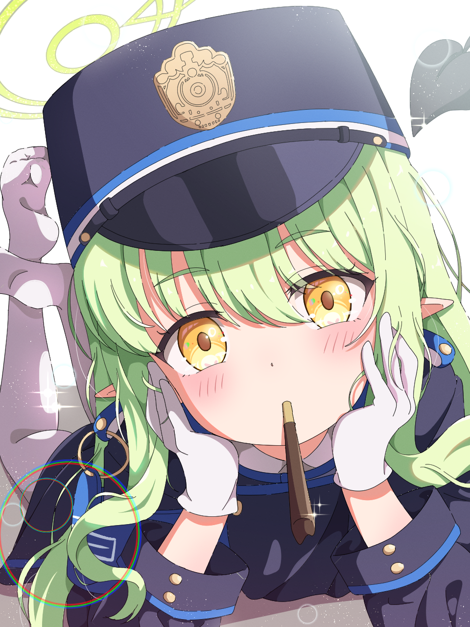 1girl, blue_archive, blush, demon_girl, demon_tail, feet_up, food, gloves