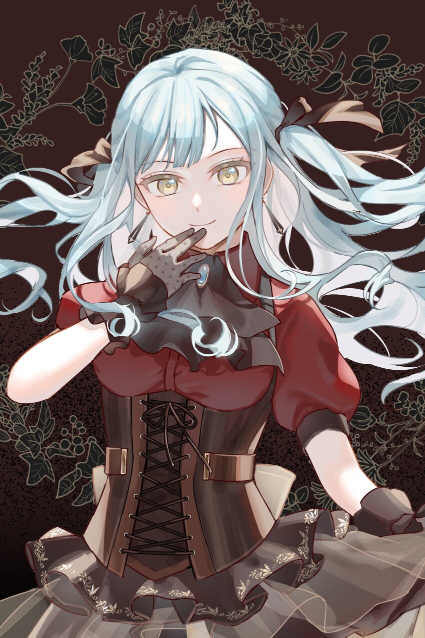 1girl, absurdres, ascot, bang_dream!, bang_dream!_it's_mygo!!!!!, black_ascot, black_background, black_corset