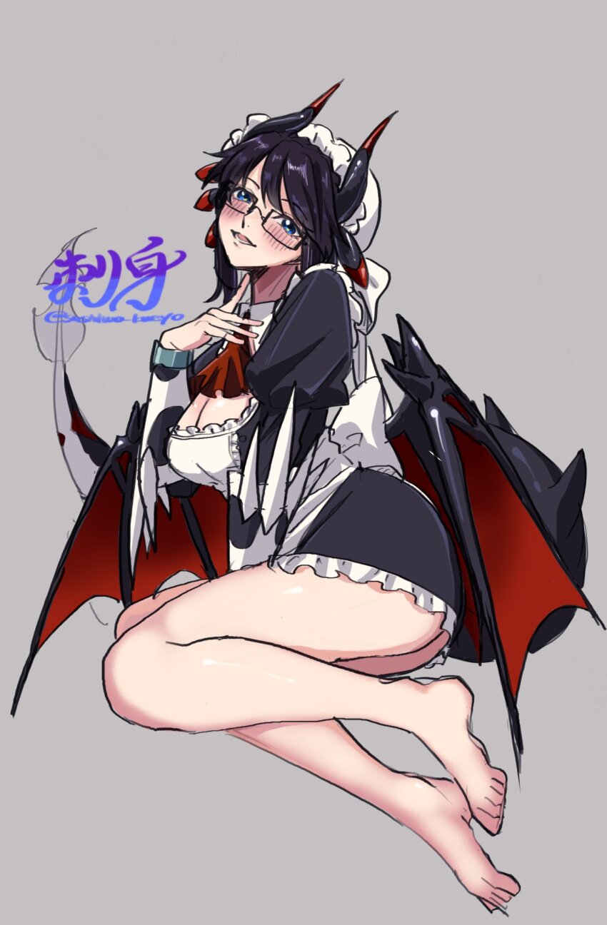 1girl, barefoot, black_dress, black_hair, black_horns, black_tail, black_wings, blue_eyes