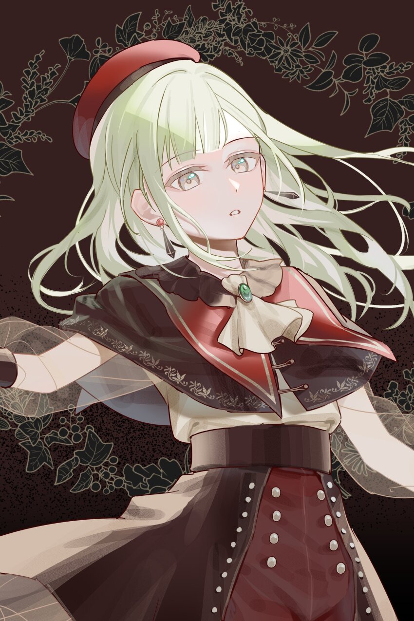 1girl, :o, absurdres, ascot, bang_dream!, bang_dream!_it's_mygo!!!!!, beret, black_background