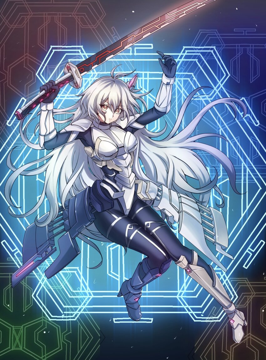 armor, arms_up, black_bodysuit, bodysuit, breasts, duel_monster, full_body, grey_hair