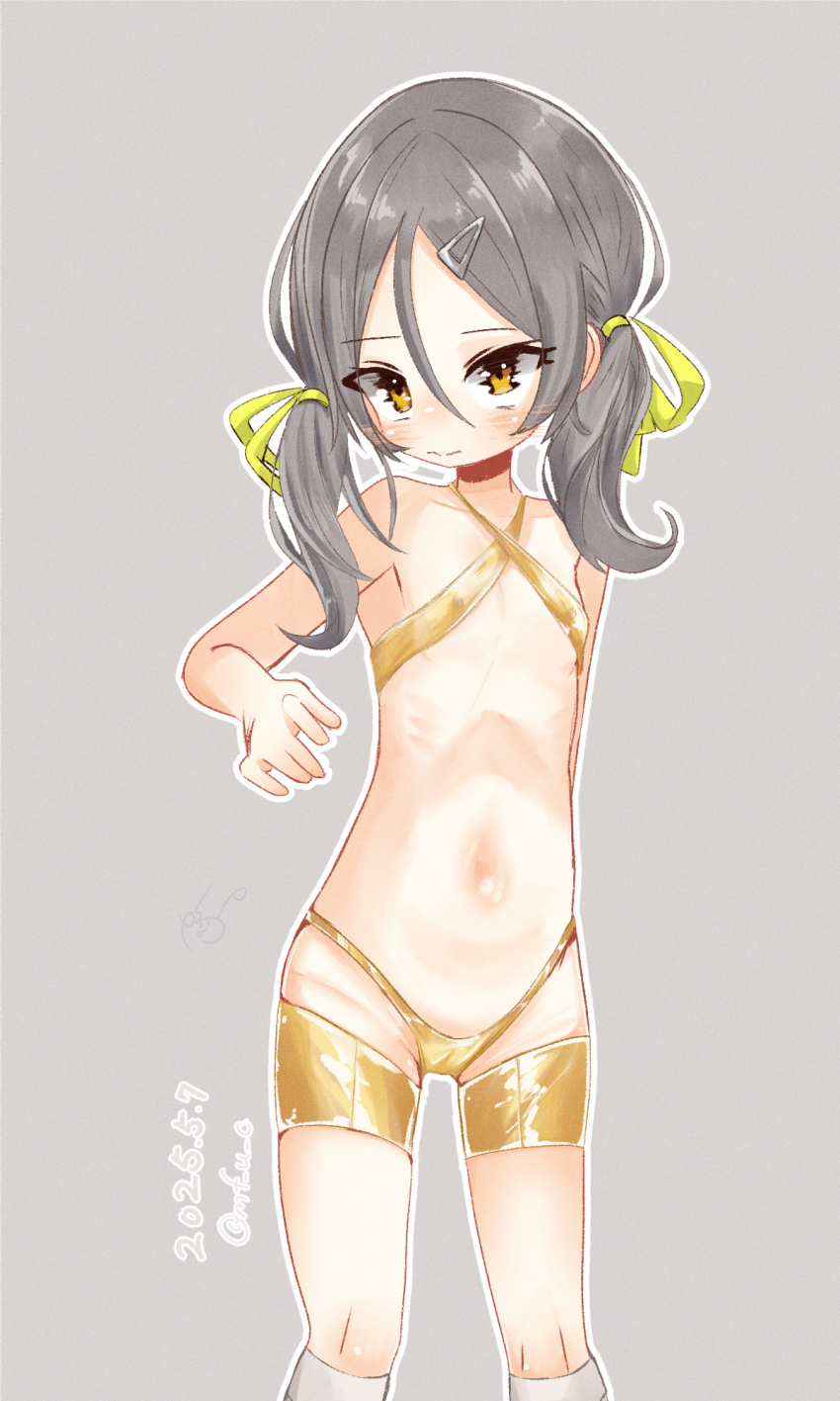 1girl, bikini, closed_mouth, commentary_request, dated, flat_chest, gold_bikini, grey_background, grey_hair, highres, inagi_(kancolle), kantai_collection, loli, long_hair, low_twintails, mf_u_c, micro_bikini, navel, orange_eyes, outline, ribs, signature, simple_background, solo, swimsuit, twintails, wavy_eyes, white_outline