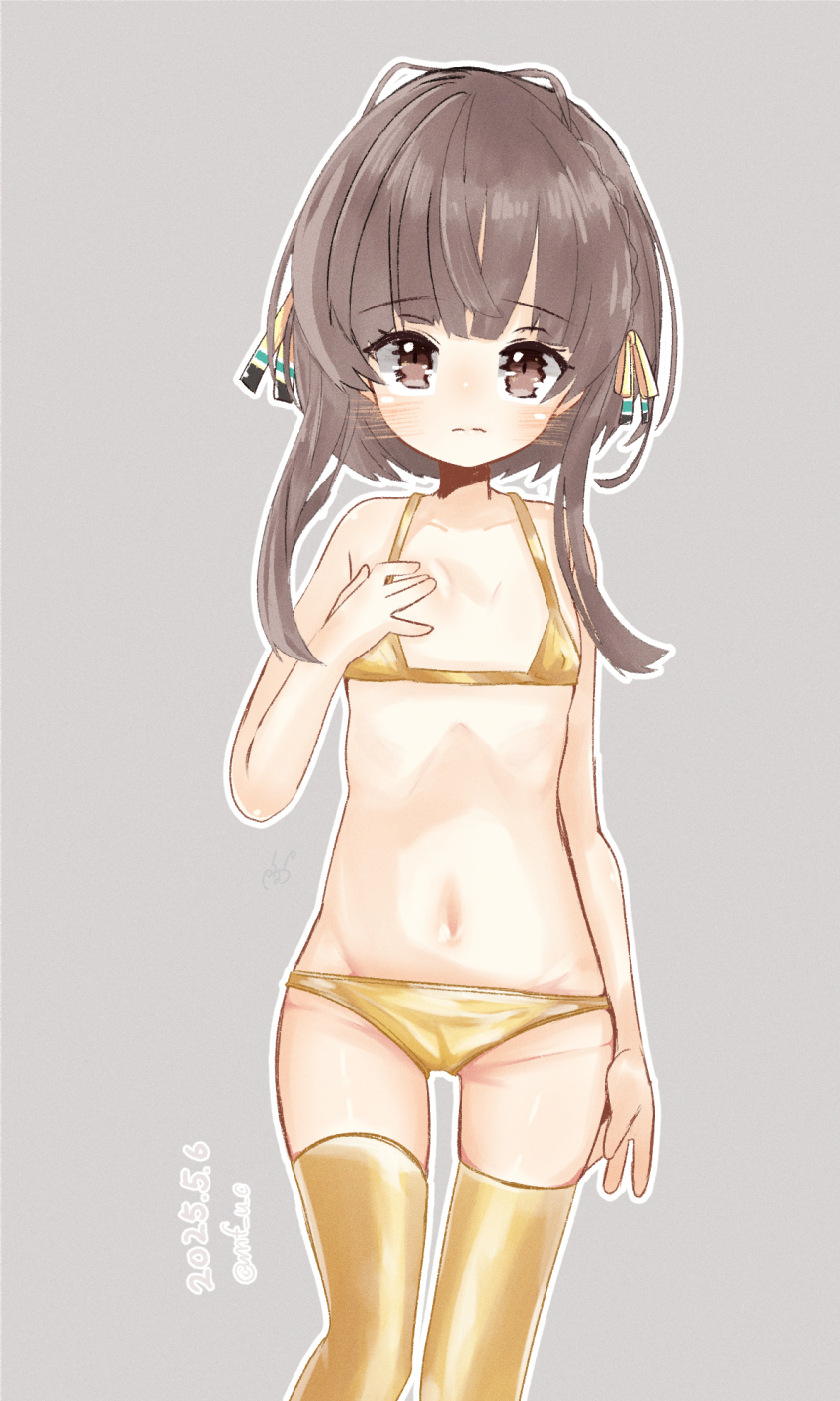 1girl, bikini, brown_eyes, brown_hair, closed_mouth, commentary_request, dated, flat_chest