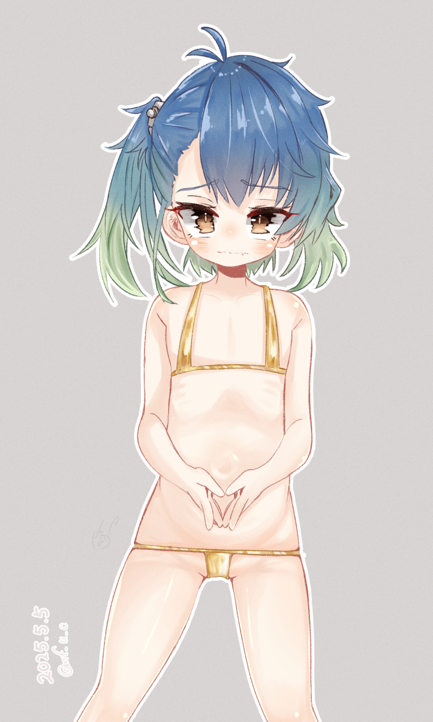 1girl, bikini, blue_hair, brown_eyes, closed_mouth, commentary_request, dated, flat_chest