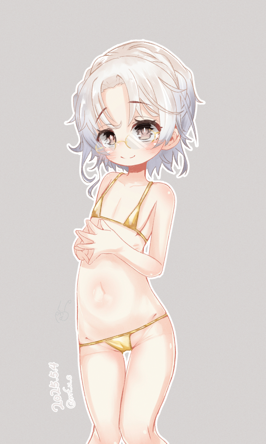1girl, bikini, closed_mouth, commentary_request, dated, flat_chest, glasses, gold_bikini