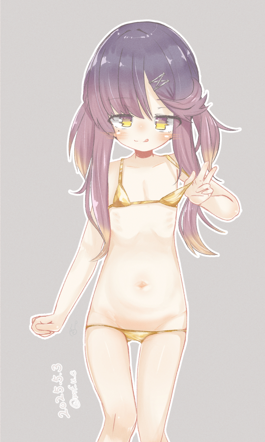 1girl, :q, bikini, commentary_request, dated, flat_chest, gold_bikini, grey_background, highres, kantai_collection, loli, long_hair, mf_u_c, micro_bikini, navel, outline, purple_hair, signature, simple_background, solo, swimsuit, tongue, tongue_out, tsushima_(kancolle), v, wavy_eyes, white_outline, yellow_eyes
