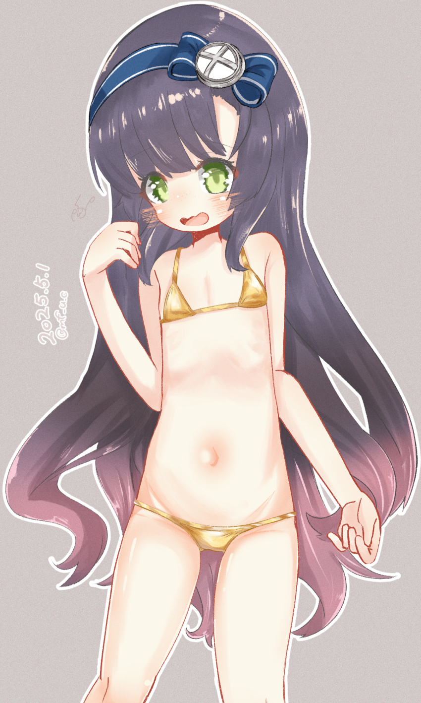1girl, bikini, commentary_request, dated, flat_chest, gold_bikini, green_eyes, grey_background