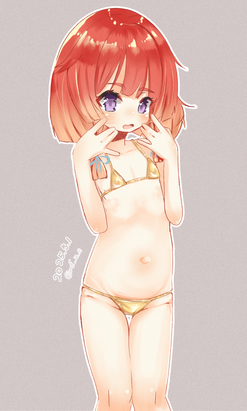 1girl, bikini, commentary_request, dated, etorofu_(kancolle), flat_chest, gold_bikini, grey_background