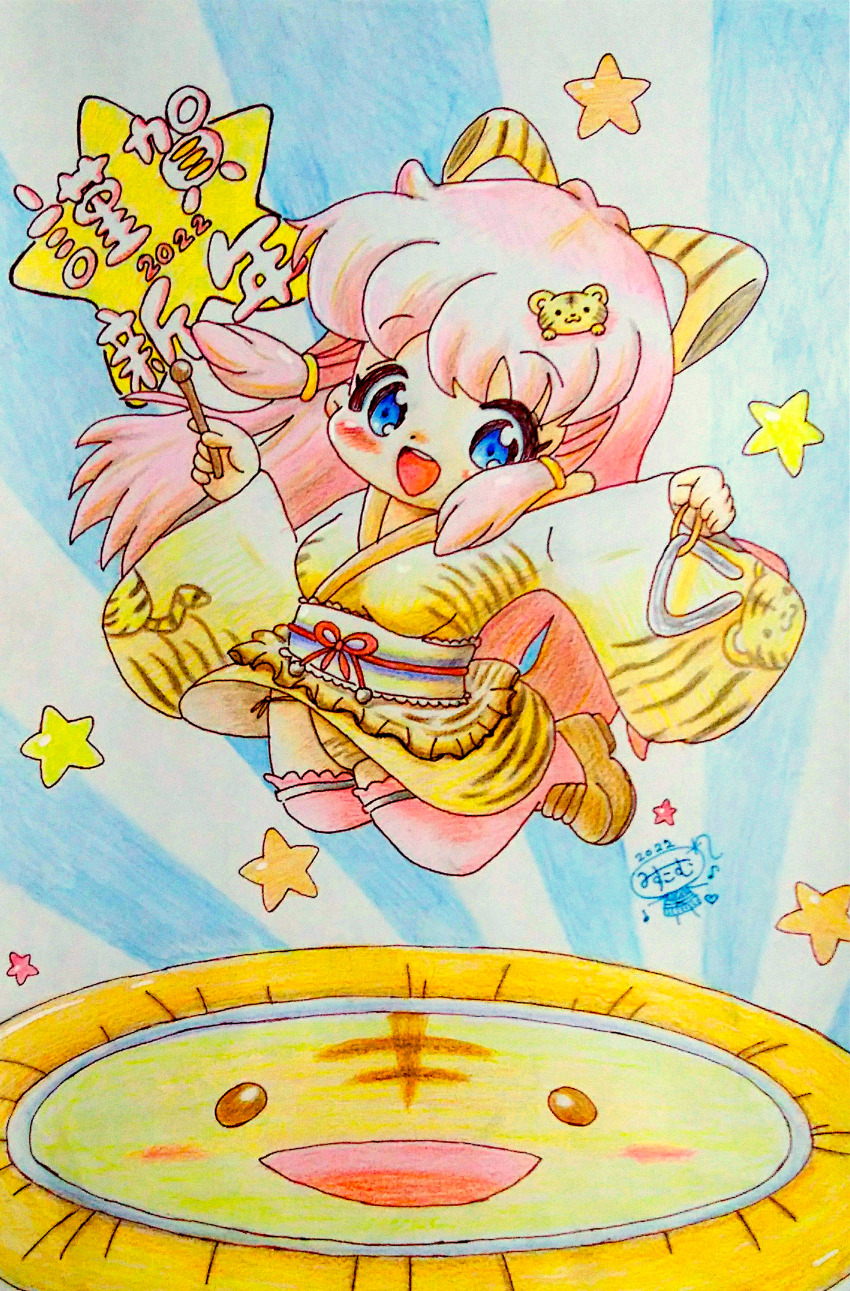 1girl, 2022, 20s, absurdres, animal_ears, animal_hair_ornament, animal_print, blue_background