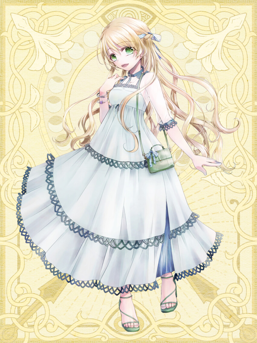 1girl, :d, bag, blonde_hair, bracelet, braid, breasts, chain_paradox, dress, frilled_dress, frills, full_body, green_eyes, hair_ribbon, hand_up, handbag, highres, iris_testarossa, jewelry, open_mouth, ribbon, sakunya_(tw), sandals, see-through_clothes, see-through_sleeves, small_breasts, smile, solo, standing, white_dress, yellow_background