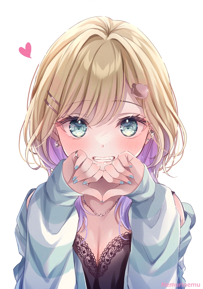 1girl, artist_name, bear_hair_ornament, black_dress, blonde_hair, blue_eyes, blue_jacket, blue_nails