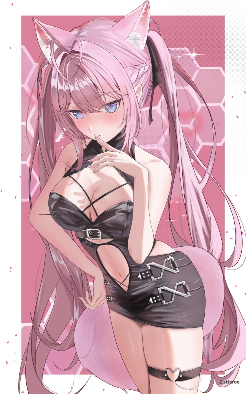 1girl, absurdres, animal_ears, antenna_hair, black_dress, blush, breasts, cleavage