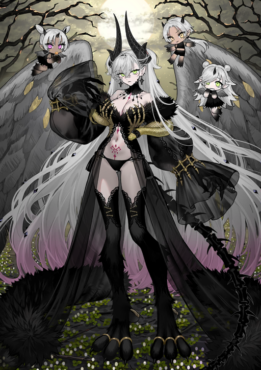 1girl, animal_feet, black_dress, black_hands, black_thighhighs, breasts, colored_extremities, dress, earrings, expressionless, fate/grand_order, fate_(series), full_body, green_eyes, hand_up, jewelry, lilin_(fate), lilith_(fate), lilith_(third_ascension)_(fate), long_hair, looking_at_viewer, navel, nipi27, pointy_ears, pubic_tattoo, solo, tattoo, thighhighs, white_hair, wide_sleeves