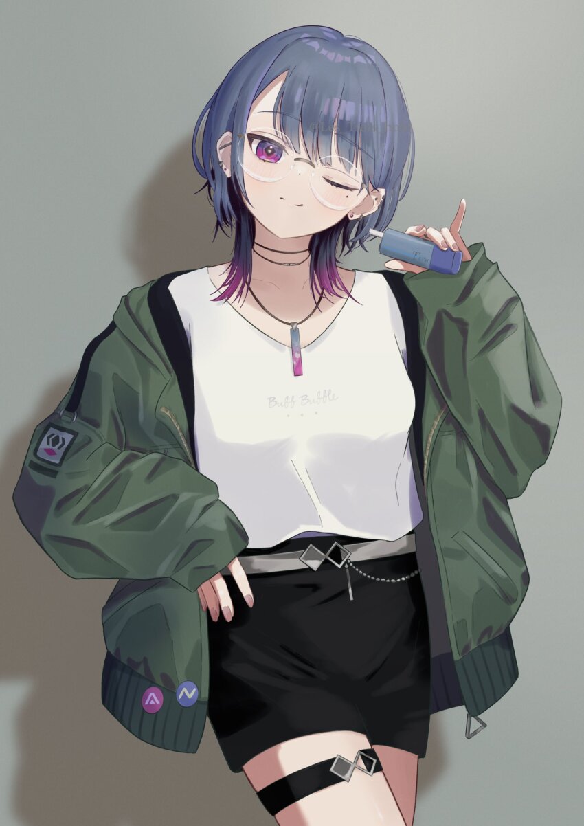 1girl, black_shorts, blue_hair, commentary, cowboy_shot, ear_piercing, earclip, electronic_cigarette