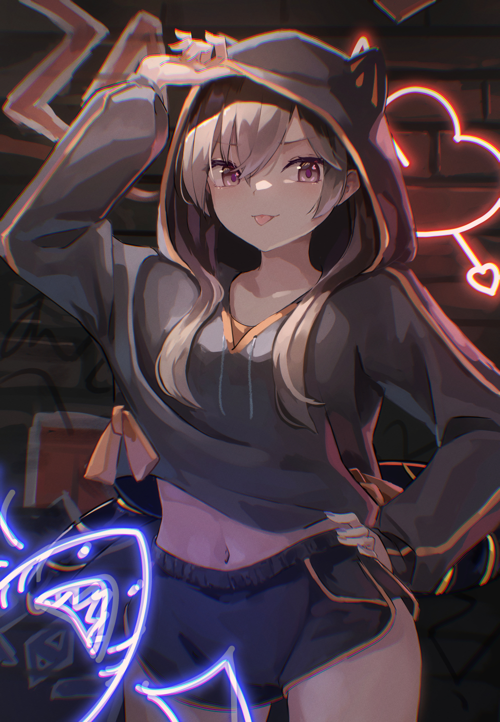 1girl, :p, alternate_costume, animal_ear_hood, arm_up, brown_eyes, brown_hair, cowboy_shot