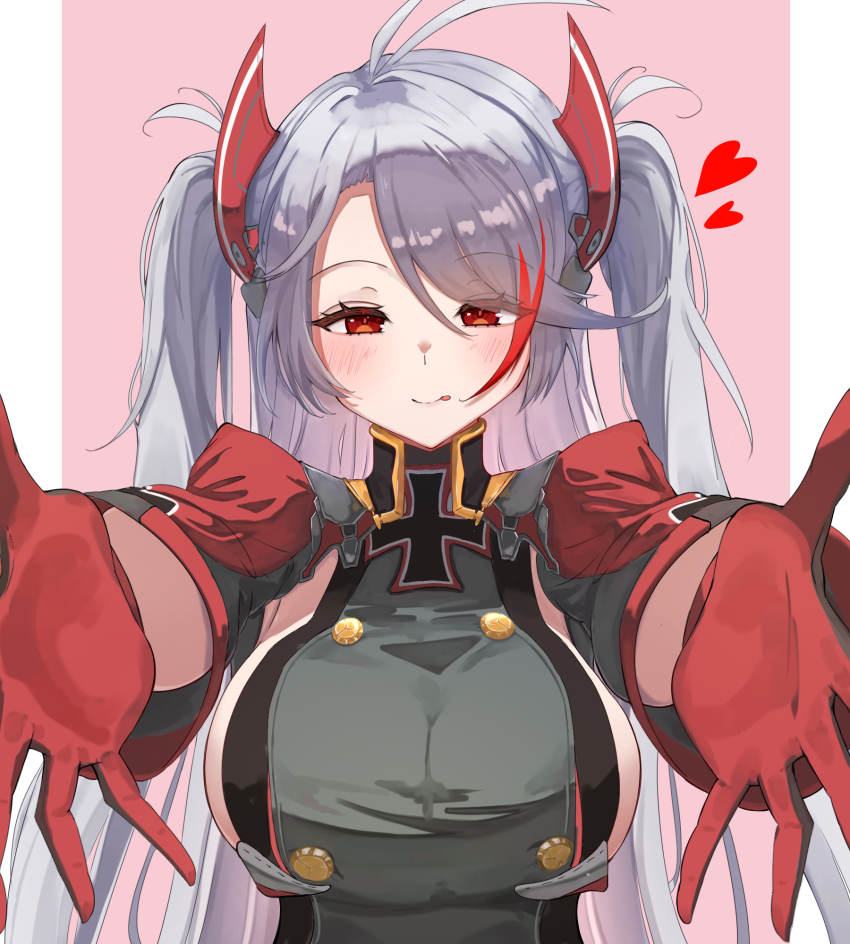 1girl, :q, argar_demo, azur_lane, breasts, commentary_request, cross, double_v, gloves, hair_over_one_eye, hands_up, heart, highres, hug, iron_cross, large_breasts, long_hair, looking_at_viewer, multicolored_hair, orange_eyes, prinz_eugen_(azur_lane), reaching, reaching_towards_viewer, red_eyes, red_gloves, red_hair, sideboob, smile, solo, streaked_hair, tongue, tongue_out, two-tone_hair, upper_body, v, very_long_hair, white_hair