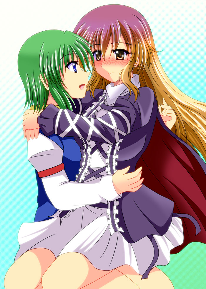 2girls, blonde_hair, blue_eyes, blush, cape, dress, eye_contact, female_focus