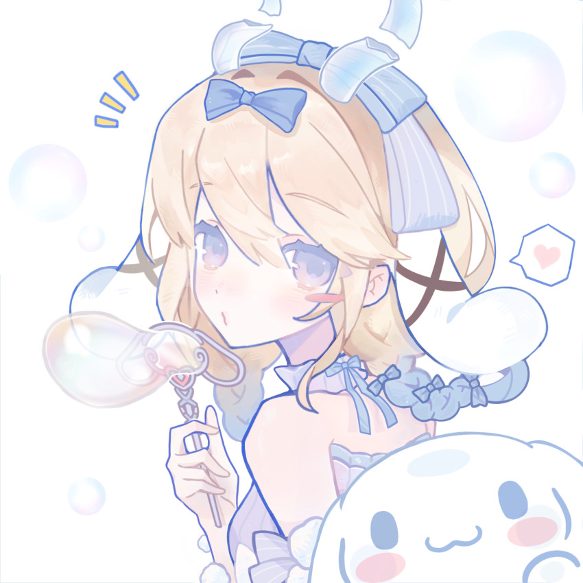 1girl, animal_ears, bare_shoulders, blonde_hair, blowing_bubbles, blue_bow, blue_eyes, blue_hair, blue_horns, blush_stickers, bow, bow_choker, braid, broken_horn, bubble, bubble_wand, choker, cinnamoroll, colored_eyelashes, dot_nose, dress, fense_xiaogou_aihaozhe, frilled_choker, frills, fuwa_fuwa_cinnamoroll, gradient_hair, grey_dress, hair_between_eyes, hair_bow, heart, highres, holding, holding_wand, horns, kemonomimi_mode, light_blush, long_hair, looking_at_viewer, looking_back, loose_hair_strand, lop_rabbit_ears, multicolored_hair, multiple_hair_bows, notice_lines, o3o, pom_pom_(clothes), rabbit_ears, sanrio, simple_background, single_blush_sticker, spoken_heart, strapless, strapless_dress, striped_bow, twin_braids, upper_body, wand, wangzhe_rongyao, white_background, white_choker, yao_(wangzhe_rongyao)