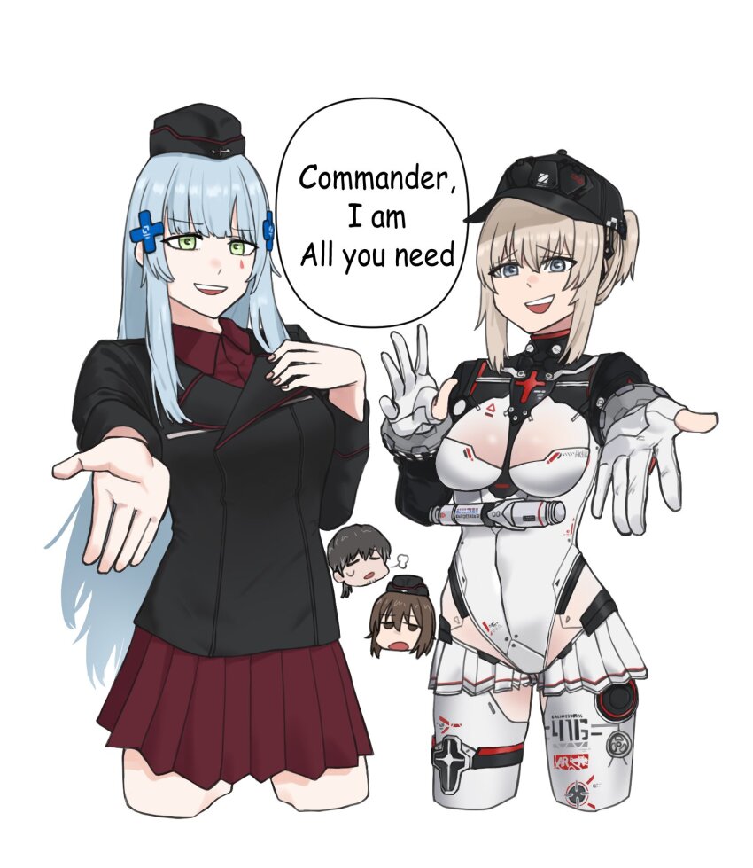 aqua_hair, baseball_cap, black_jacket, blue_eyes, bodysuit, breasts, brown_eyes, commander_(girls'_frontline)