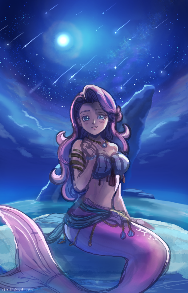 1girl, aqua_eyes, aqua_sash, armlet, bra, cloud, commentary_request, curly_hair, dragon_quest, dragon_quest_xi, full_moon, gold_armlet, janis_(hainegom), jewelry, long_hair, looking_at_viewer, mermaid, midriff, monster_girl, moon, necklace, night, pink_hair, pink_scales, rock, romia_(dq11), sash, shooting_star, sitting, sketch, sky, smile, solo, star_(sky), strapless, strapless_bra, tassel, underwear, unfinished, white_bra