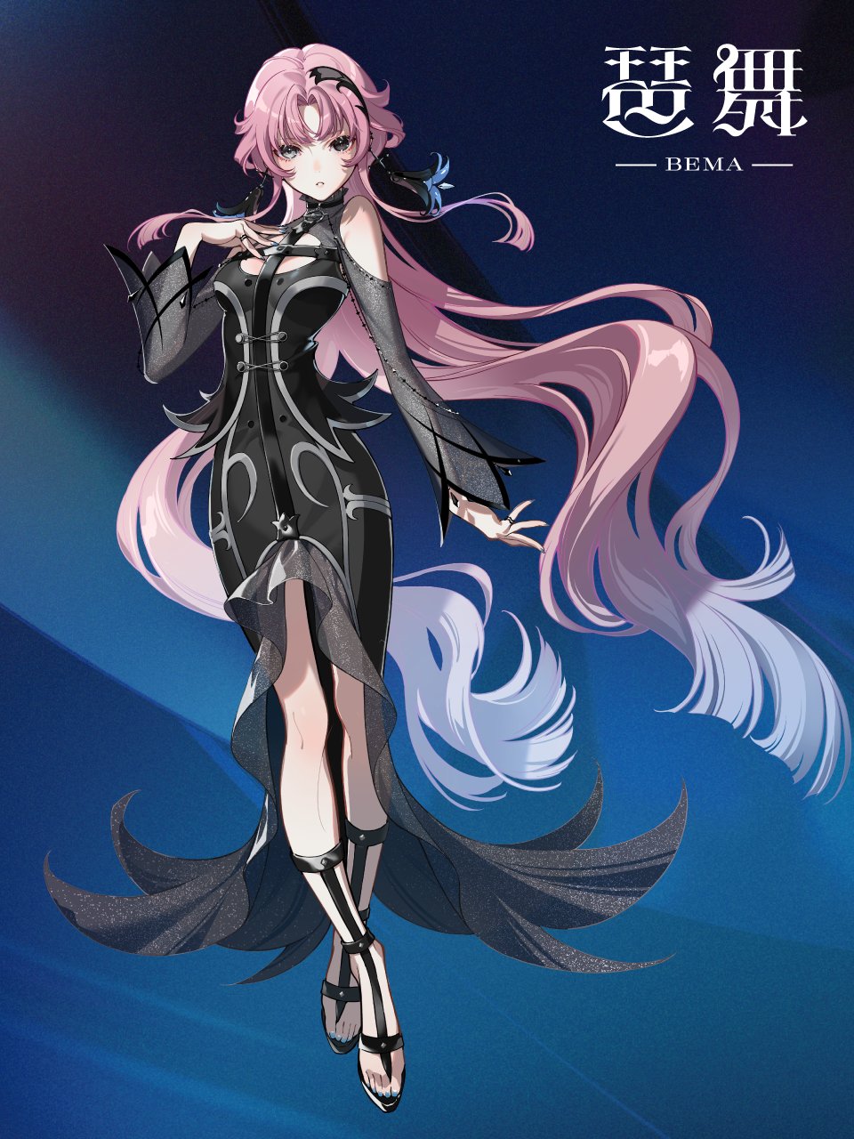 bema_(sinsekai), black_choker, black_dress, blue_nails, buttons, choker, dress, earrings, flower_earrings, full_body, heterochromia, high_heels, highres, jewelry, kamitsubaki_studio, long_hair, long_sleeves, multicolored_hair, official_art, pink_hair, sinsekai_record, very_long_hair, virtual_youtuber, yoneyama_mai