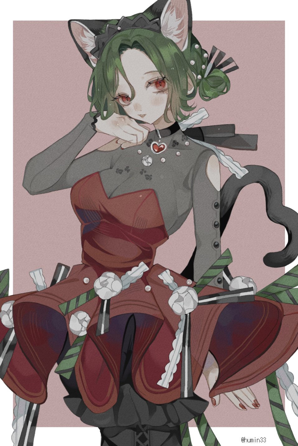 1girl, animal_ears, black_sleeves, bow, cat_ears, cat_tail, choker, dress