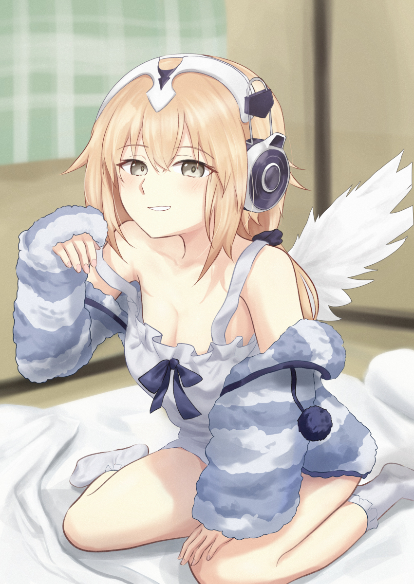 1girl, absurdres, angel, angel_wings, armor, armored_dress, bare_shoulders, bed_sheet