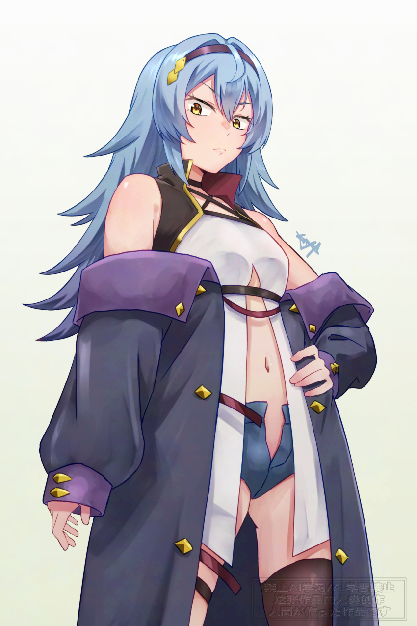 1girl, absurdres, blue_hair, breasts, brown_thighhighs, closed_mouth, denim, denim_shorts