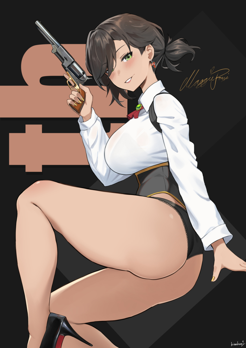 1girl, alternate_costume, artist_name, ass, black_background, black_hair, black_panties, black_shoes