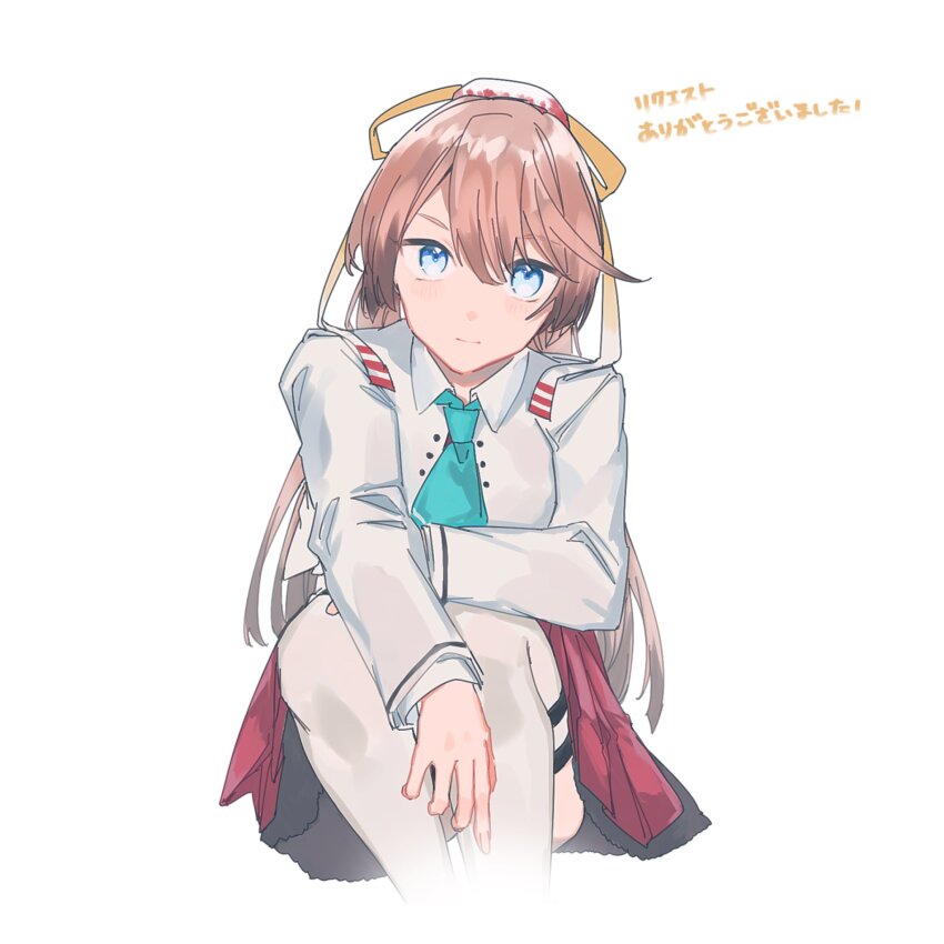 1girl, aqua_necktie, blazer, blue_eyes, brown_hair, commission, feet_out_of_frame, gradient_hair, grey_jacket, grey_thighhighs, hair_ribbon, highres, jacket, kabe_(inunufuwafuwa), kantai_collection, kazagumo_(kancolle), long_hair, multicolored_hair, necktie, ponytail, purple_skirt, ribbon, simple_background, skirt, solo, thighhighs, white_background