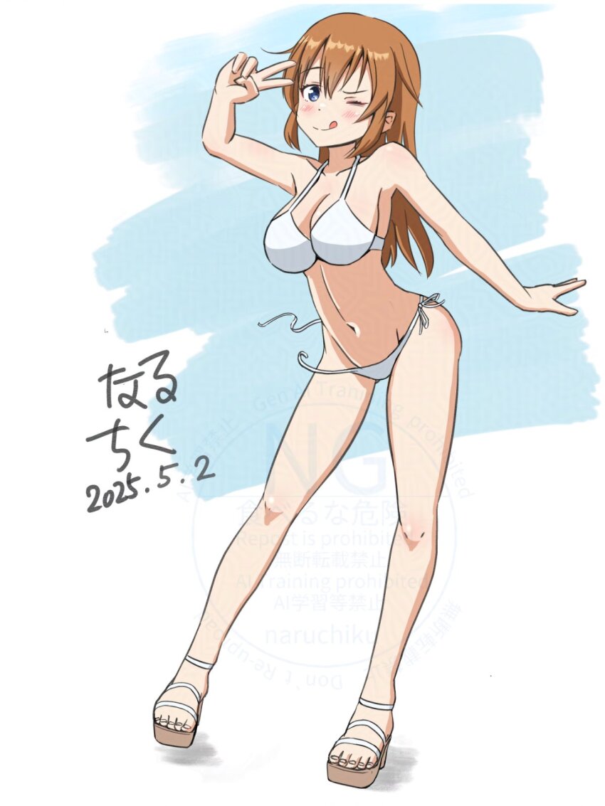 1girl, adversarial_noise, bikini, blue_eyes, blush, breasts, brown_hair, charlotte_e._yeager