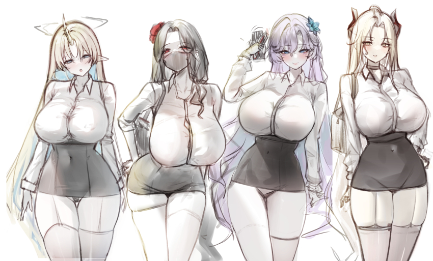 1girl, alternate_costume, black_choker, black_hair, black_panties, black_skirt, blonde_hair, blue_eyes, blue_flower, blue_hair, breasts, cantarella_(wuthering_waves), choker, collared_shirt, colored_inner_hair, commentary, covered_navel, cowboy_shot, crossover, english_commentary, epic_seven, fleurdelys_(wuthering_waves), flower, garter_straps, geonjeonji, goddess_of_victory:_nikke, hair_flower, hair_ornament, harsetti_(epic_seven), high-waist_skirt, highres, horns, huge_breasts, long_hair, long_horns, looking_at_viewer, maiden_(nikke), mask, microskirt, mouth_mask, multicolored_hair, panties, pencil_skirt, pointy_ears, purple_hair, red_eyes, red_flower, shirt, single_horn, sketch, skirt, solo, straight_hair, thighhighs, thighs, underwear, very_long_hair, white_shirt, wuthering_waves, yellow_eyes, yellow_horns