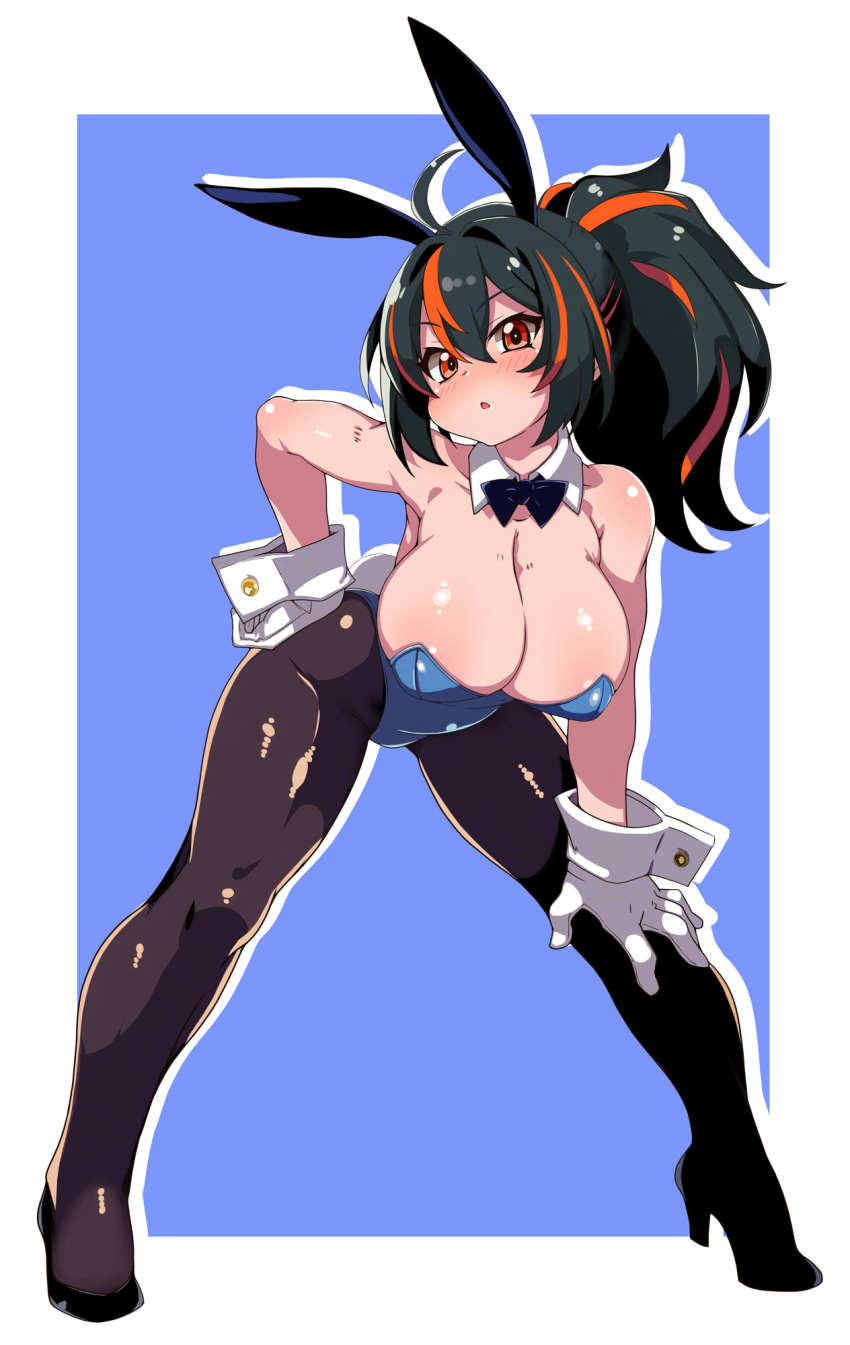 1girl, ahoge, armpits, black_bow, black_bowtie, black_pantyhose, black_shoes, blue_leotard, blush, bow, bowtie, breasts, cleavage, collar, full_body, gloves, green_hair, hair_between_eyes, hand_on_own_hip, hand_on_own_knee, high_heels, highres, large_breasts, leaning_forward, leotard, looking_at_viewer, medium_hair, multicolored_hair, open_mouth, orange_eyes, pantyhose, playboy_bunny, ponytail, shoes, solo, stiletto_heels, streaked_hair, tsukinoha_mio, white_collar, white_gloves, white_wrist_cuffs, wrist_cuffs, zenless_zone_zero, zhu_yuan