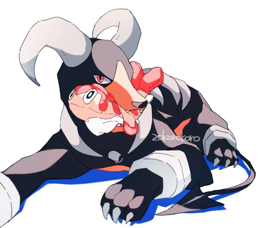 artist_name, biting, claws, curled_horns, demon_tail, gen_2_pokemon, highres, horns, houndoom, korosliszt, looking_at_viewer, mouth_hold, nintendo, no_humans, pokemon, pokemon_(creature), red_eyes, shadow, sharp_teeth, simple_background, sitting, solo, stuffed_toy, tail, tatsugiri, tatsugiri_(droopy), teeth, toy, white_background
