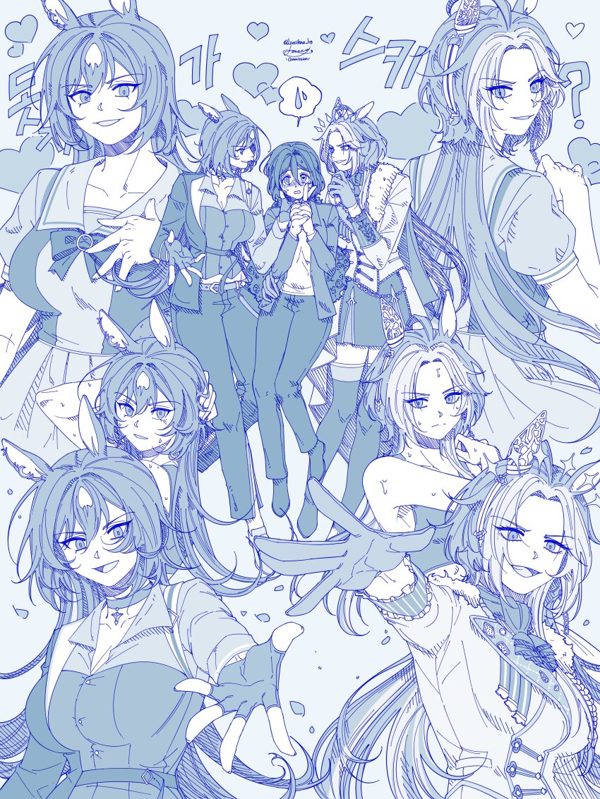 3girls, :d, absurdres, animal_ears, aqua_theme, ascot, asymmetrical_jacket, belt, high-waist_belt, borrowed_character, bow, bowtie, breasts, chain, choker, cleavage, commentary_request, commission, curly_hair, ear_ornament, female_trainer_(umamusume), fingerless_gloves, frilled_sleeves, frills, full_body, fumi_amashiro_(rune_amashiro), fur-trimmed_jacket, fur_trim, furrowed_brow, girl_sandwich, gloves, grabbing_another's_chin, hand_on_another's_chin, hand_on_another's_face, hand_on_another's_waist, hand_on_own_chest, heart, heart-shaped_pupils, height_difference, highres, horse_ears, horse_girl, horse_tail, jacket, korean_commentary, korean_text, large_breasts, long_hair, long_sleeves, luccikao_hs, monochrome, multicolored_hair, multiple_girls, multiple_views, nervous, oc_x_canon, open_clothes, open_jacket, open_mouth, orfevre_(umamusume), original, outstretched_arm, own_hands_clasped, own_hands_together, pants, parted_bangs, parted_lips, peanut_mouth, pendant_choker, pleated_skirt, puffy_short_sleeves, puffy_sleeves, reaching, reaching_towards_viewer, sailor_collar, sailor_shirt, sandwiched, school_uniform, second-party_source, shirt, shoes, short_sleeves, signature, sirius_symboli_(umamusume), skirt, smile, speech_bubble, spoken_sweatdrop, standing, summer_uniform, sweat, sweatdrop, symbol-shaped_pupils, tail, tank_top, thighhighs, tracen_school_uniform, trainer_(umamusume), translation_request, twitter_username, umamusume, upper_body, v-shaped_eyebrows, yuri