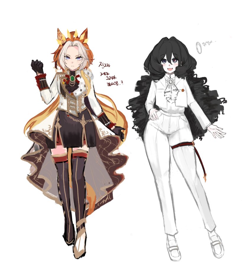 2girls, :3, :d, animal_ears, ascot, asymmetrical_jacket, badge, black_ascot