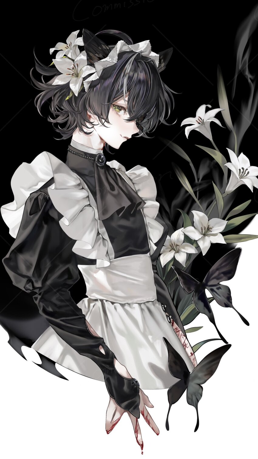 1boy, apron, ascot, black_ascot, black_hair, blood, blood_on_hands, commission