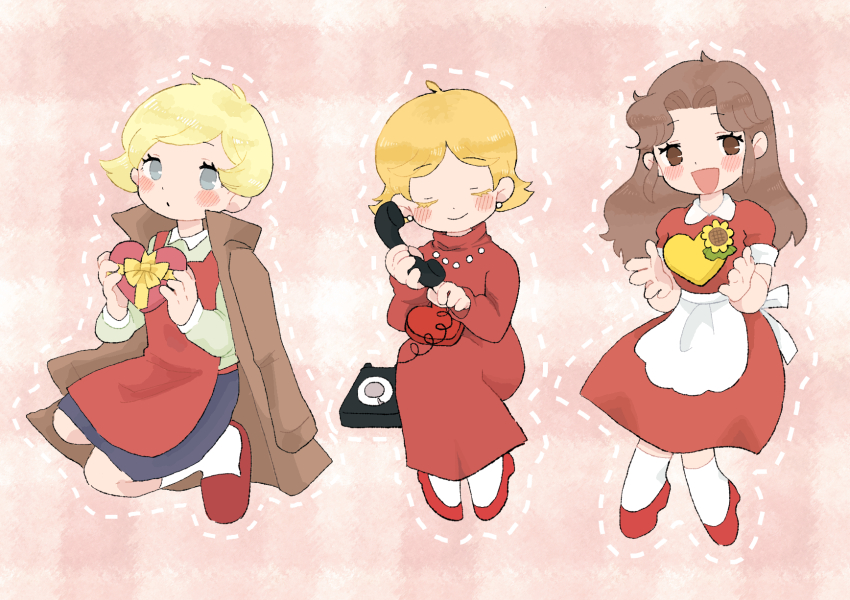 3girls, apron, blonde_hair, blue_eyes, blush, box, box_of_chocolates, brown_eyes