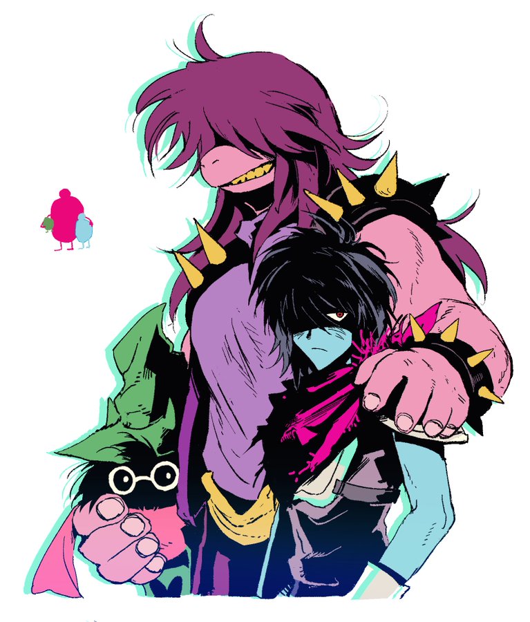 1girl, 2boys, armor, bandage_player, black_hair, blue_skin, bracelet, closed_mouth, colored_skin, deltarune, glasses, gloves, green_hat, grin, hair_over_eyes, hand_on_another's_shoulder, hat, height_difference, jewelry, kris_(dark_world)_(deltarune), kris_(deltarune), long_hair, looking_at_viewer, multiple_boys, pink_scarf, pink_skin, purple_hair, ralsei, ralsei_(hat), red_eyes, scarf, shaded_face, sharp_teeth, shoulder_spikes, sleeveless, smile, spiked_bracelet, spiked_clothes, spikes, susie_(dark_world)_(deltarune), susie_(deltarune), teeth, utdr_(toby_fox), white_background, white_gloves, wizard_hat