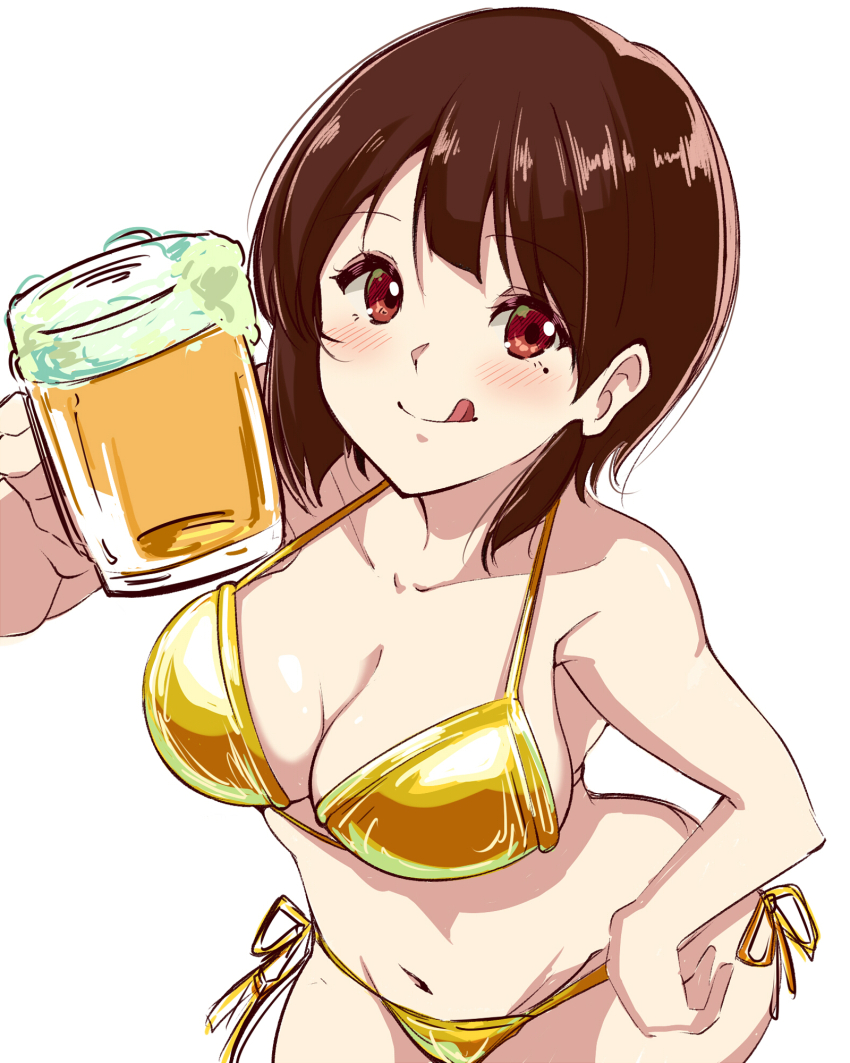 1girl, beer_mug, bikini, blush, breasts, brown_hair, cup, gold_bikini