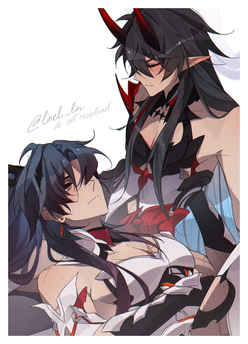 2boys, black_hair, blade_(honkai:_star_rail), blush, border, brown_eyes, closed_eyes, commentary