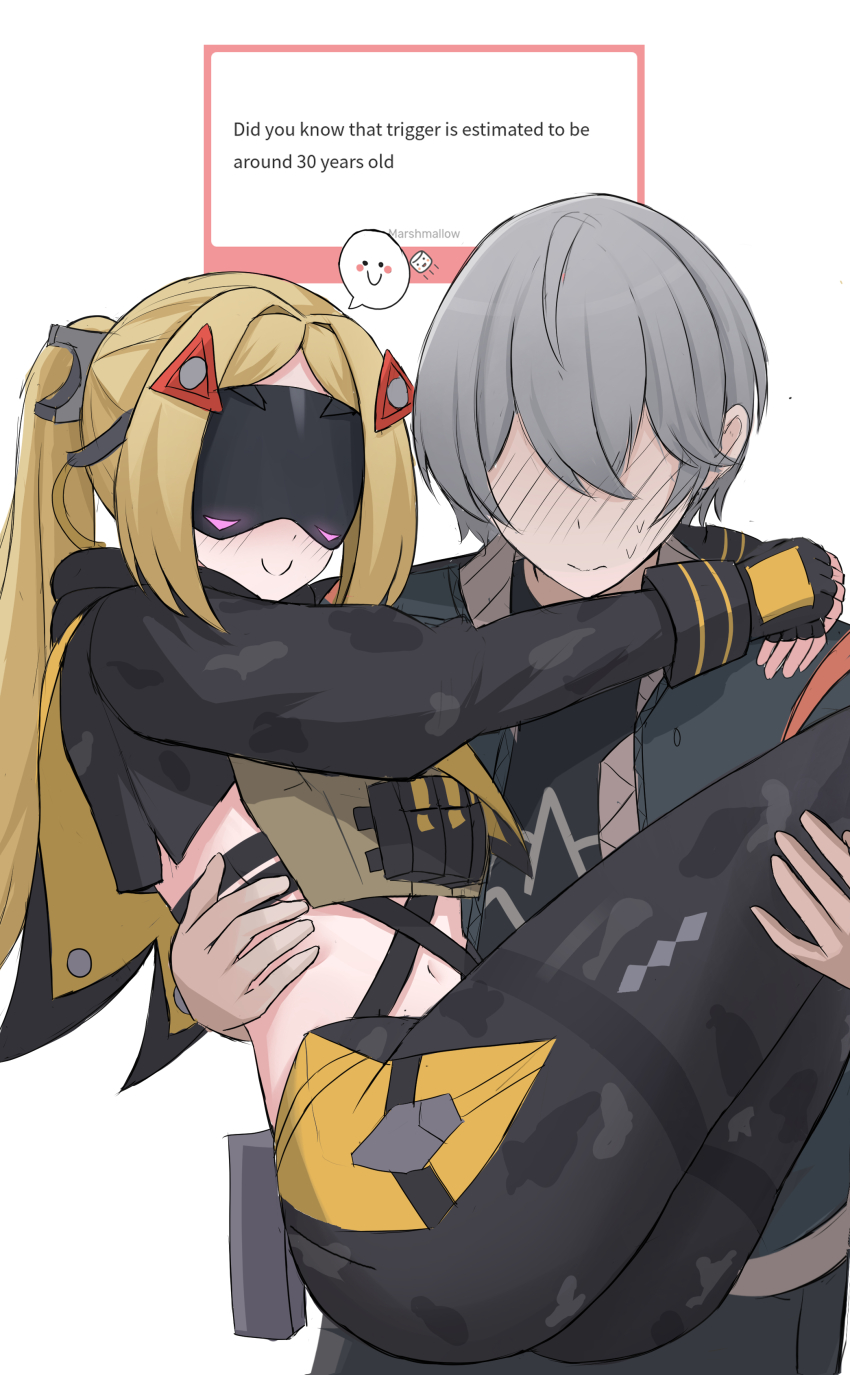 1boy, 1girl, absurdres, arms_around_neck, blindfold_mask, blonde_hair, blush, carrying, fingerless_gloves, gloves, grey_hair, hair_ornament, hairpin, highres, hug, jacket, long_hair, marshmallow_(site), mask, midriff, military_uniform, multiple_hairpins, namikare, navel, no_eyes, ponytail, princess_carry, smile, smile_emoji, sweatdrop, text_background, trigger_(zenless_zone_zero), white_background, wise_(zenless_zone_zero), zenless_zone_zero
