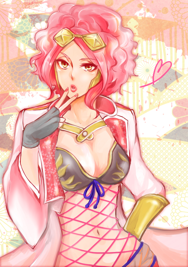 afro, breasts, brown_eyes, cleavage, coat, curly_hair, eyelashes, finger_to_mouth