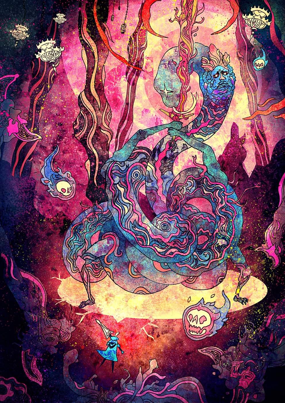 chandelier, elden_ring, fire, gaxix, highres, holding, holding_polearm, holding_sword, holding_weapon, lava, monster, polearm, rykard_lord_of_blasphemy, skull, spear, sword, tarnished_(elden_ring), weapon