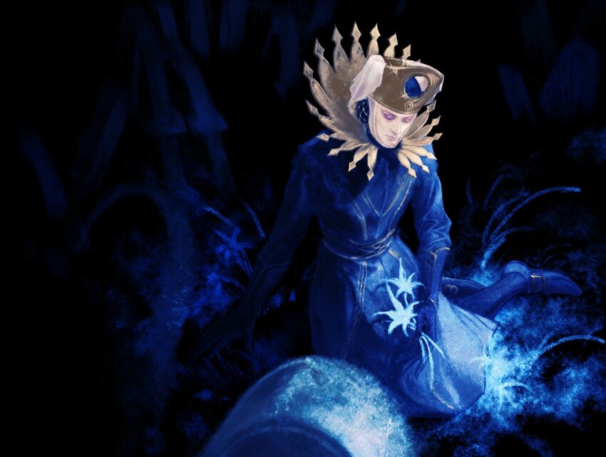 1boy, black_gloves, black_shoes, black_socks, blue_dress, closed_eyes, closed_mouth, count_ymir, cruentum_noctis, dress, elden_ring, elden_ring:_shadow_of_the_erdtree, escoffion, flower, full_body, gloves, graveyard, headgear, high_collar, highres, night, ornate_clothes, pale_skin, shoes, socks, solo, tombstone