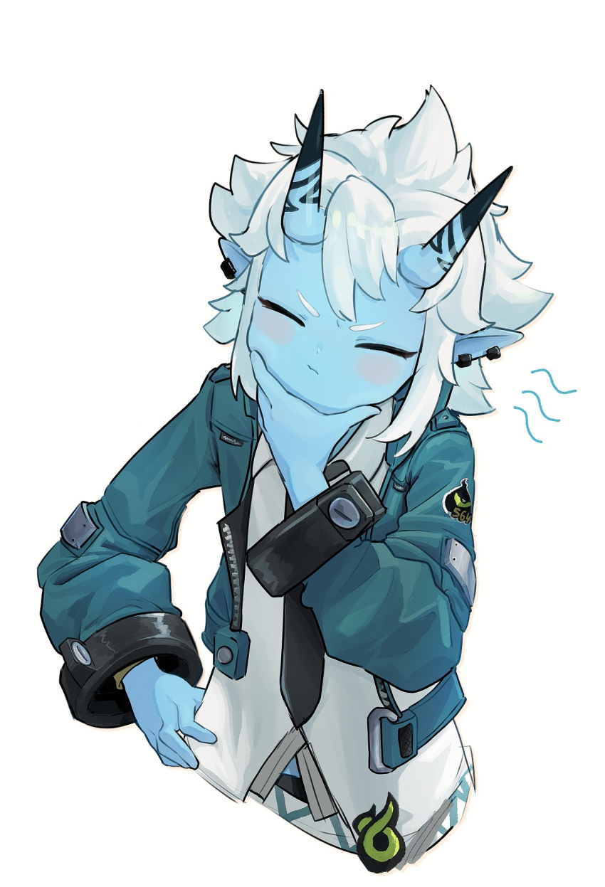 1girl, akaika_(aka), black_necktie, blue_skin, blush_stickers, closed_eyes, closed_mouth, collared_shirt