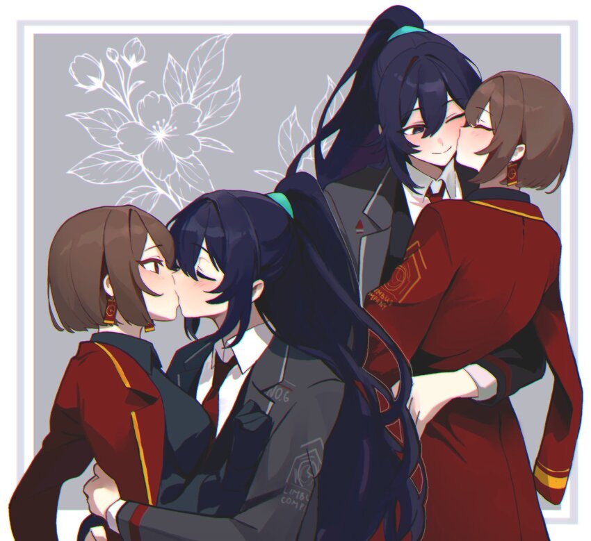 black_gloves, bob_cut, brown_hair, closed_eyes, collared_shirt, couple, earrings, floral_background