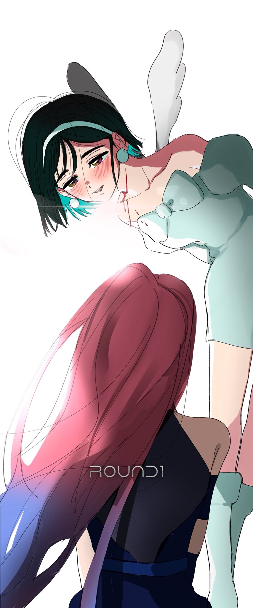 17ioxn, 2girls, alien_stage, bare_shoulders, black_dress, black_hair, blood_from_neck, blue_hair