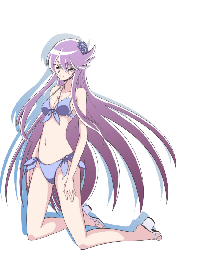 10s, 1girl, bikini, blue_eyes, breasts, cleavage, cure_moonlight, eyelashes, female_focus, flower, hair_flower, hair_ornament, heartcatch_precure!, high_heel_sandals, high_heels, highres, kneeling, long_hair, magical_girl, medium_breasts, precure, purple_hair, rose, sandals, solo, swimsuit, tsukikage_yuri, yotsuha_(little_squash)