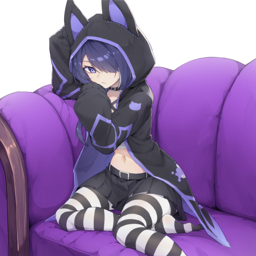 absurdres, acheron_(honkai:_star_rail), alternate_costume, animal_ear_hood, black_choker, black_jacket, black_skirt, choker, commission, crop_top, fake_animal_ears, hair_over_one_eye, highres, honkai:_star_rail, honkai_(series), hood, hooded_jacket, jacket, kiauwrenn, long_sleeves, midriff, miniskirt, navel, no_shoes, pantyhose, pleated_skirt, purple_eyes, purple_hair, second-party_source, sitting, skirt, striped_clothes, striped_pantyhose, transparent_background